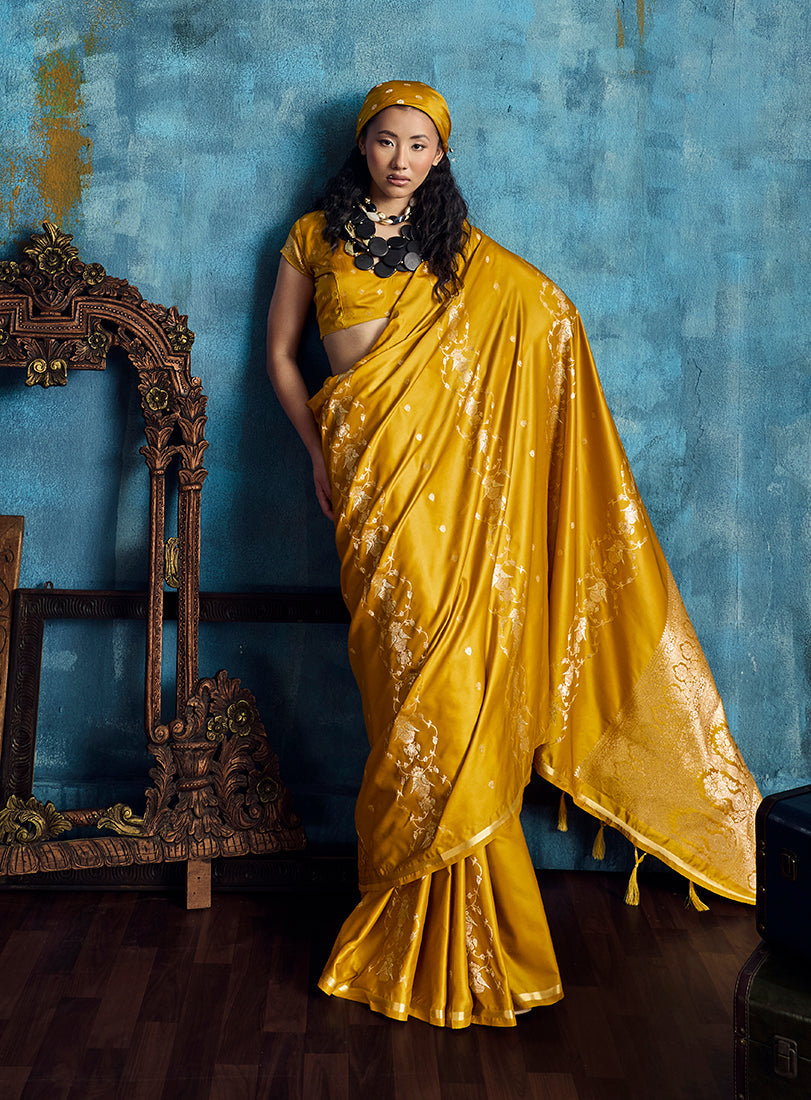 Monjolika Fashion Mustard Satin Weaving Handloom Silk Blend Saree