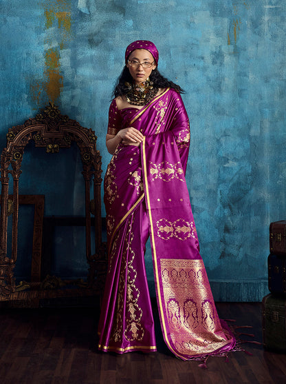 Monjolika Fashion Magenta Satin Weaving Handloom Silk Blend Saree