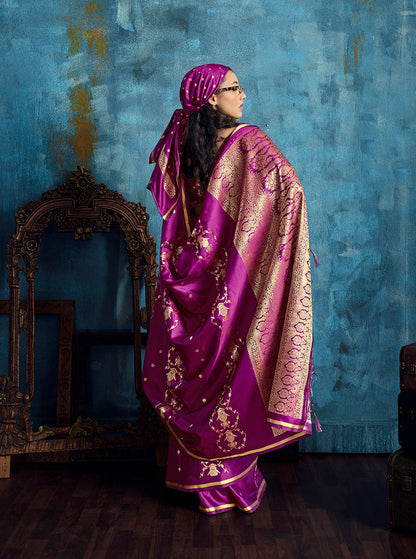 Monjolika Fashion Magenta Satin Weaving Handloom Silk Blend Saree