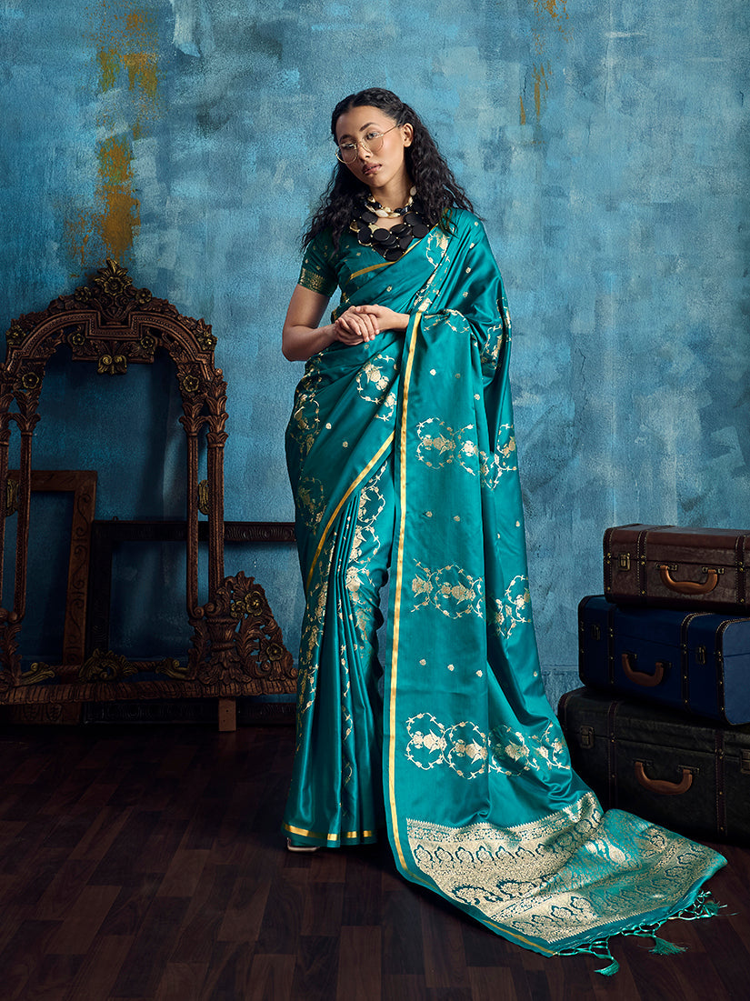Monjolika Fashion Teal Green Satin Weaving Handloom Silk Blend Saree