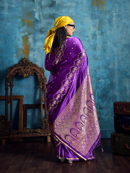 Monjolika Fashion Purple Satin Weaving Handloom Silk Blend Saree