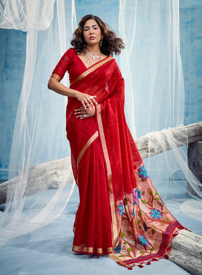 Monjolika Fashion Red Handloom Silk Blend Weaving Border Saree With Blouse