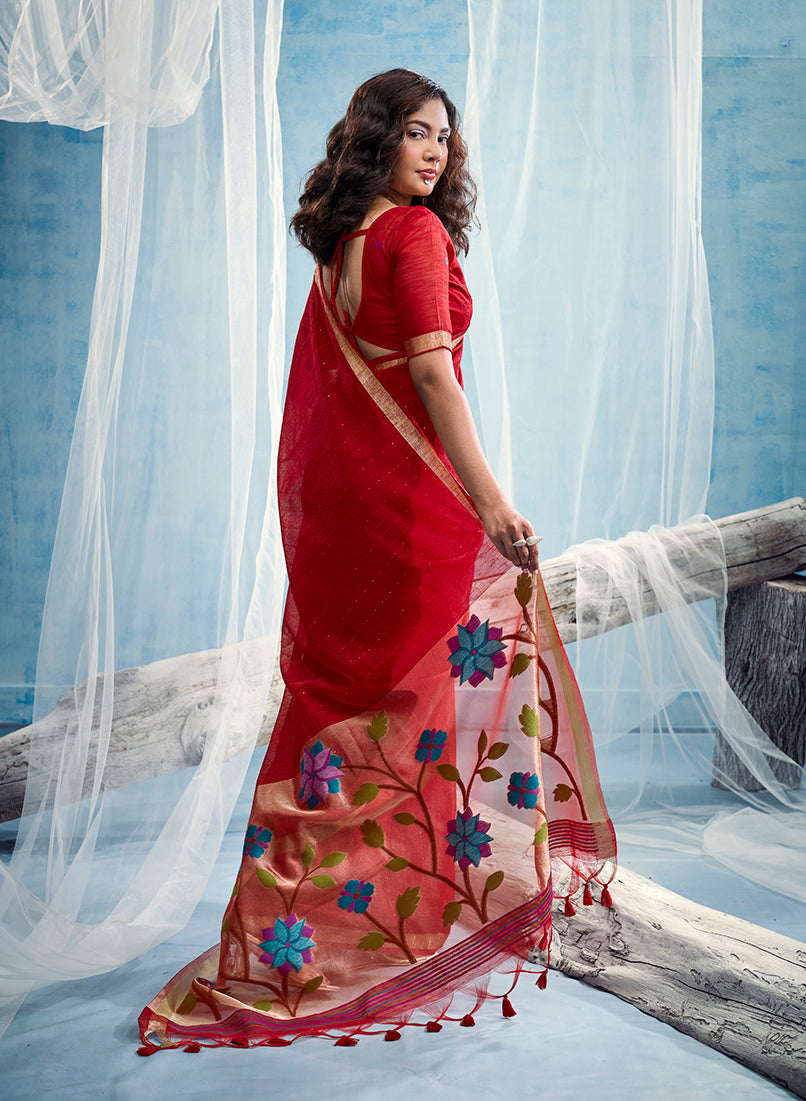Monjolika Fashion Red Handloom Silk Blend Weaving Border Saree With Blouse