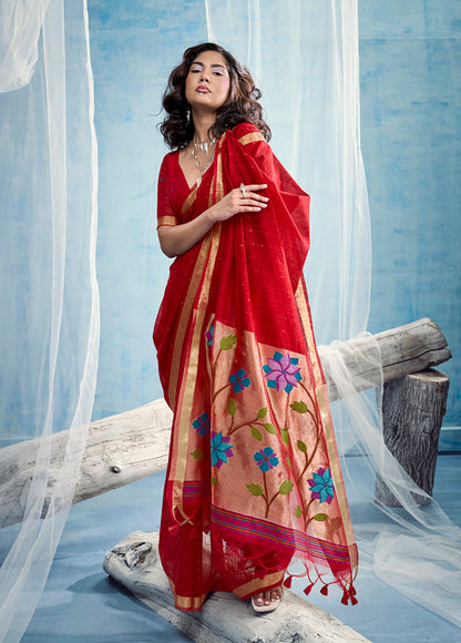 Monjolika Fashion Red Handloom Silk Blend Weaving Border Saree With Blouse