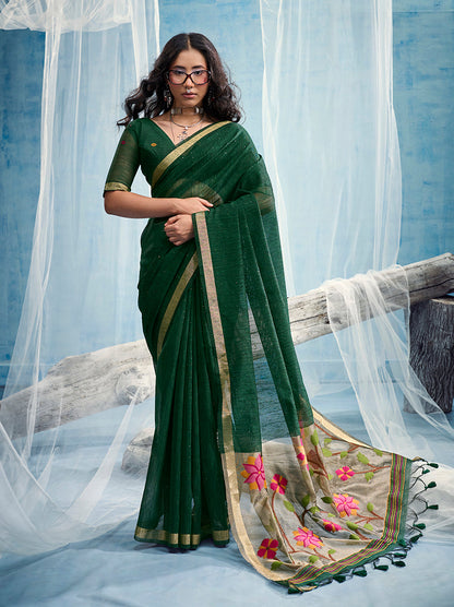 Monjolika Fashion Dark Green Handloom Silk Blend Weaving Border Saree With Blouse
