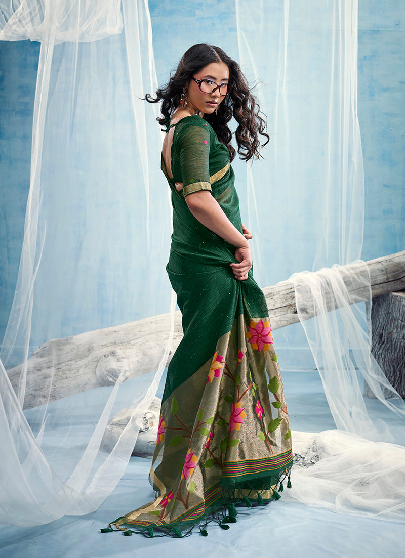 Monjolika Fashion Dark Green Handloom Silk Blend Weaving Border Saree With Blouse