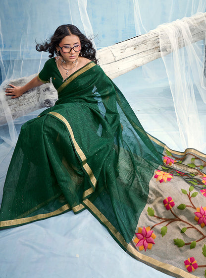 Monjolika Fashion Dark Green Handloom Silk Blend Weaving Border Saree With Blouse