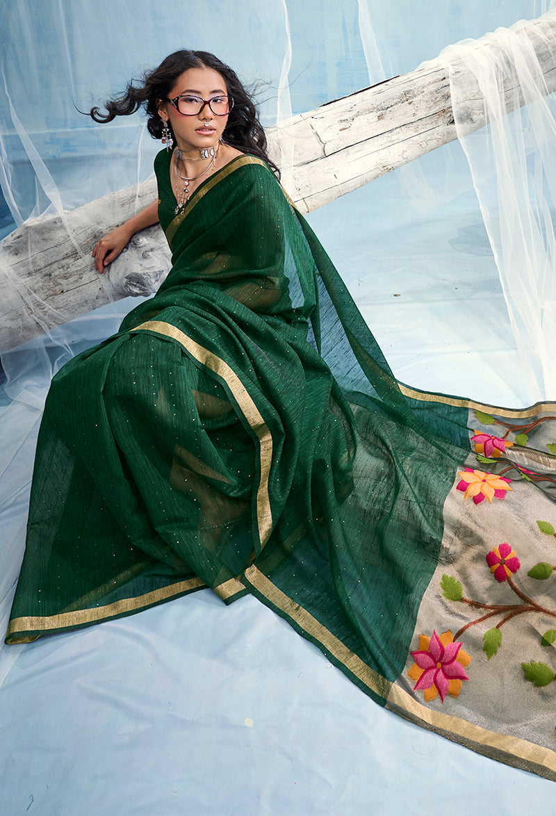 Monjolika Fashion Dark Green Handloom Silk Blend Weaving Border Saree With Blouse