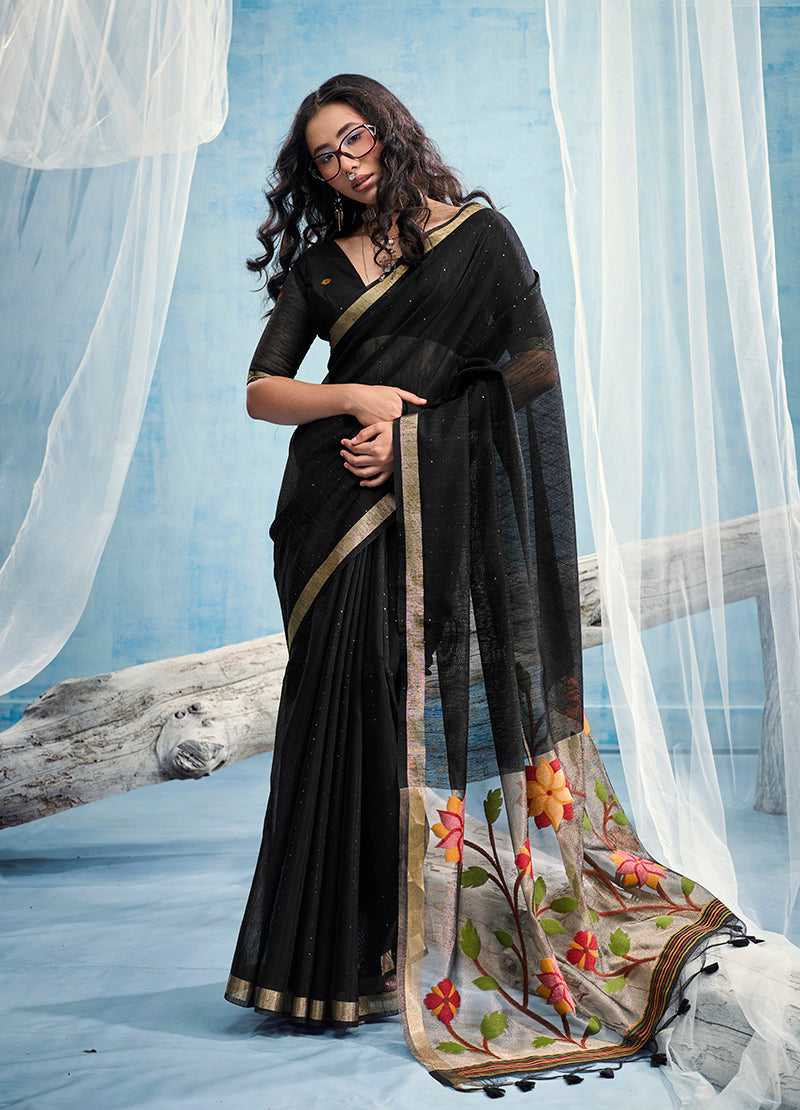 Monjolika Fashion Black Handloom Silk Blend Weaving Border Saree With Blouse