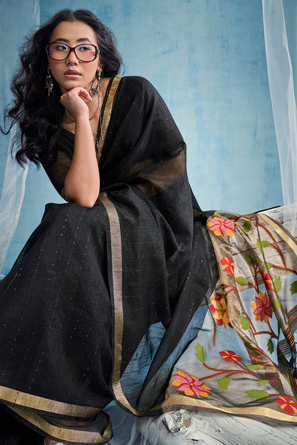 Monjolika Fashion Black Handloom Silk Blend Weaving Border Saree With Blouse