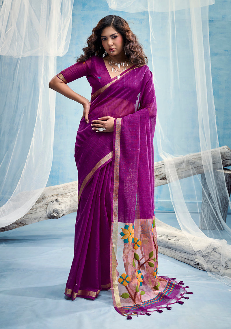 Monjolika Fashion Purple Handloom Silk Blend Weaving Border Saree With Blouse