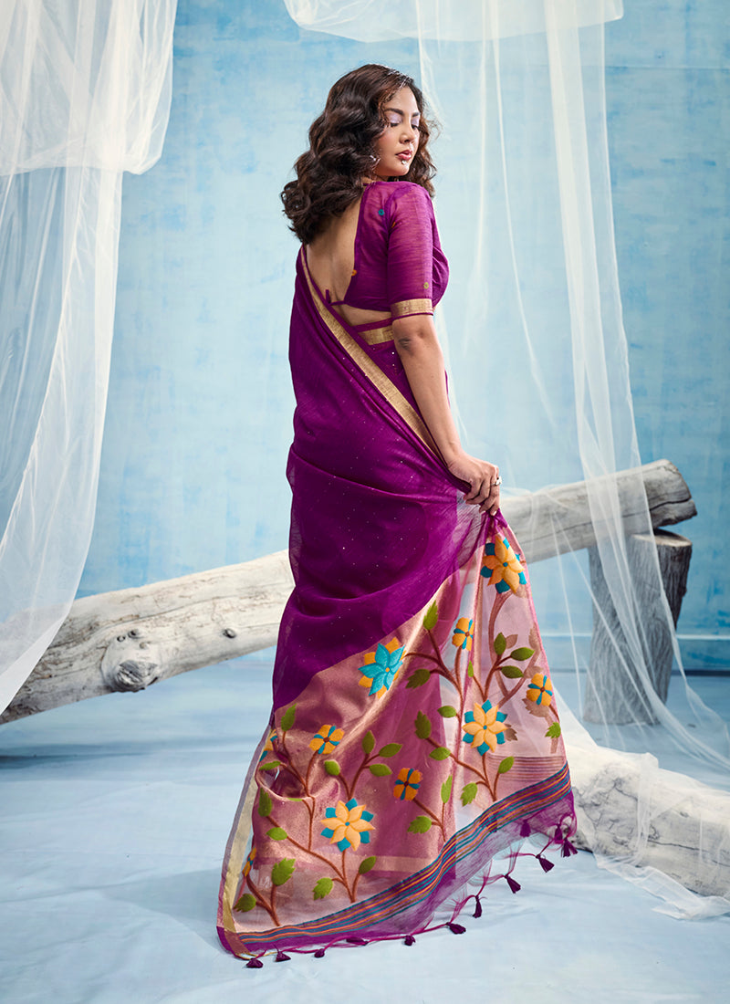 Monjolika Fashion Purple Handloom Silk Blend Weaving Border Saree With Blouse