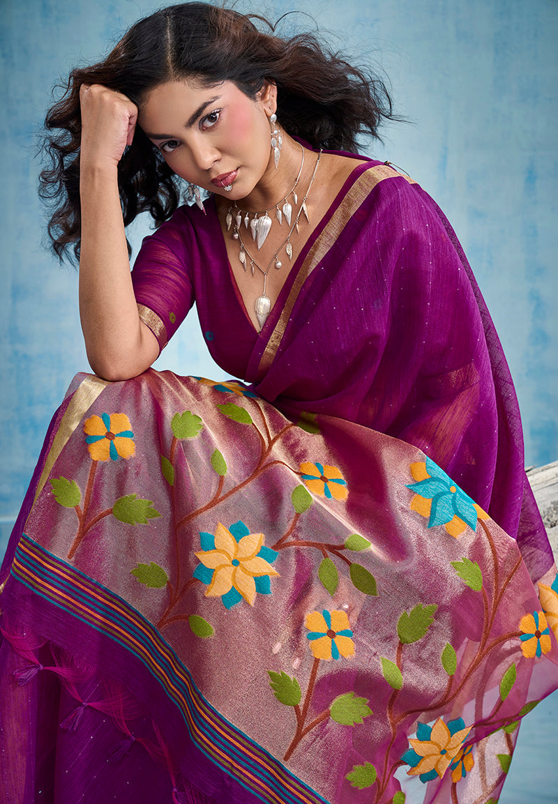 Monjolika Fashion Purple Handloom Silk Blend Weaving Border Saree With Blouse