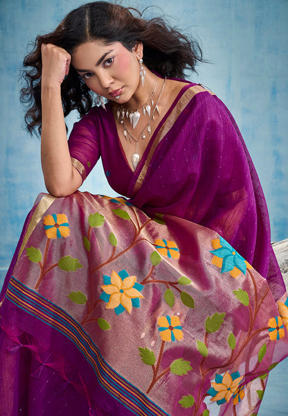 Monjolika Fashion Purple Handloom Silk Blend Weaving Border Saree With Blouse