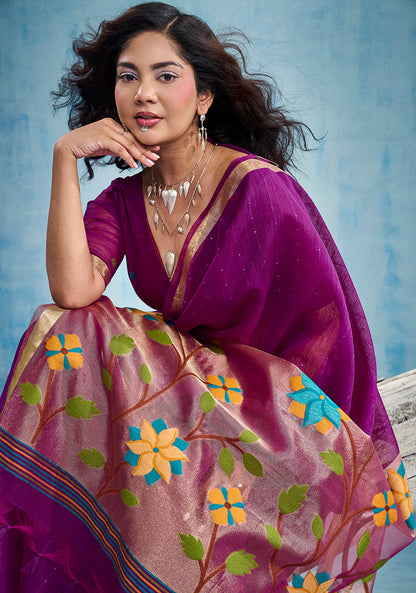 Monjolika Fashion Purple Handloom Silk Blend Weaving Border Saree With Blouse