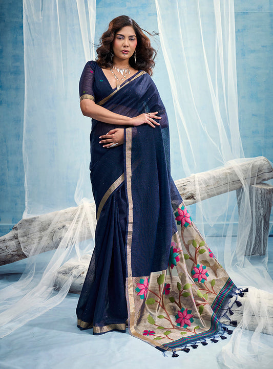 Monjolika Fashion Navy Blue Handloom Silk Blend Weaving Border Saree With Blouse