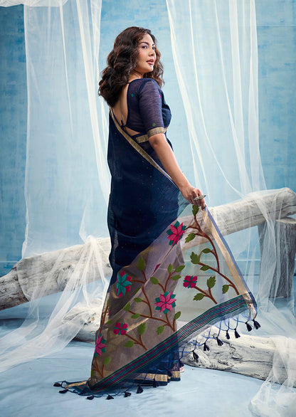 Monjolika Fashion Navy Blue Handloom Silk Blend Weaving Border Saree With Blouse