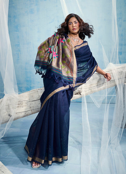 Monjolika Fashion Navy Blue Handloom Silk Blend Weaving Border Saree With Blouse