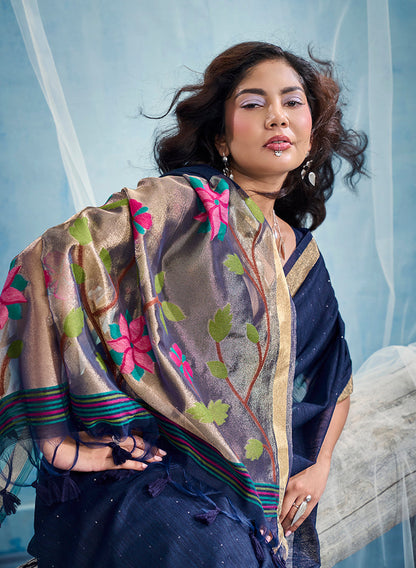 Monjolika Fashion Navy Blue Handloom Silk Blend Weaving Border Saree With Blouse