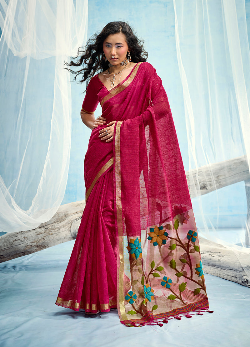 Monjolika Fashion Rani Pink Handloom Silk Blend Weaving Border Saree With Blouse