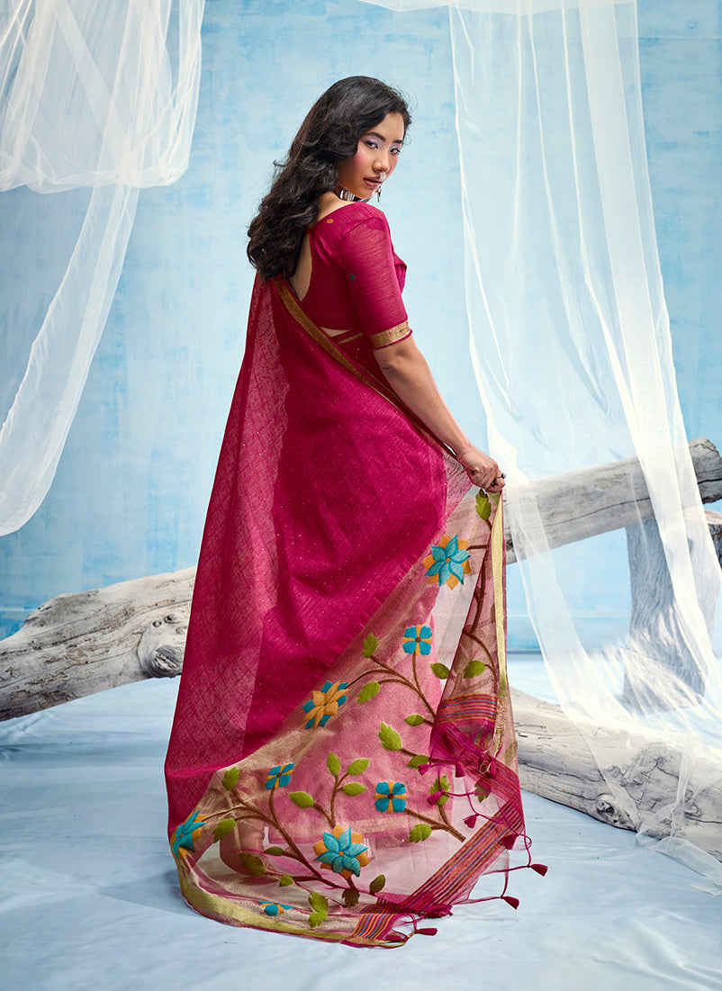 Monjolika Fashion Rani Pink Handloom Silk Blend Weaving Border Saree With Blouse