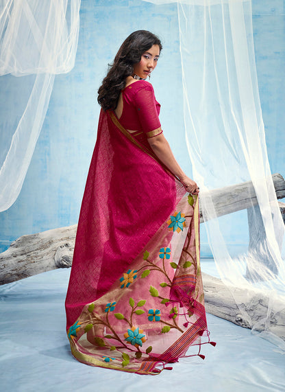 Monjolika Fashion Rani Pink Handloom Silk Blend Weaving Border Saree With Blouse