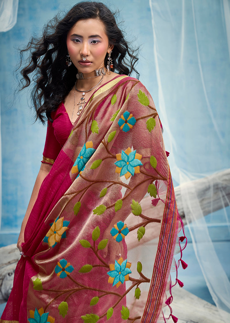 Monjolika Fashion Rani Pink Handloom Silk Blend Weaving Border Saree With Blouse