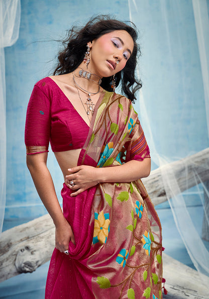 Monjolika Fashion Rani Pink Handloom Silk Blend Weaving Border Saree With Blouse