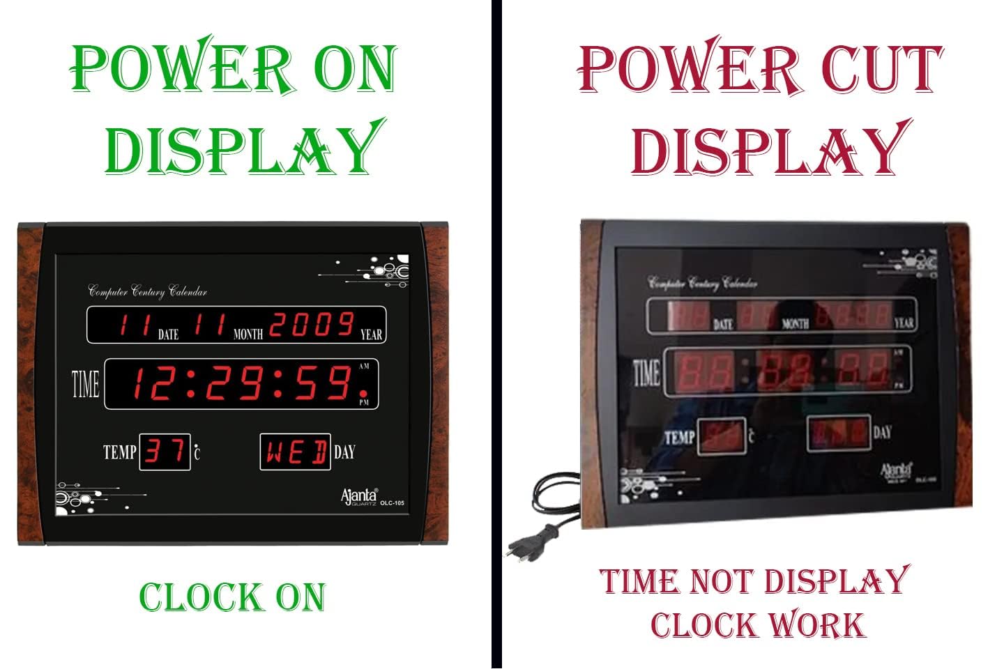 Digital Wall Clock with Red LED Display, 39.6 cm x 29.6 cm, Black Plastic
