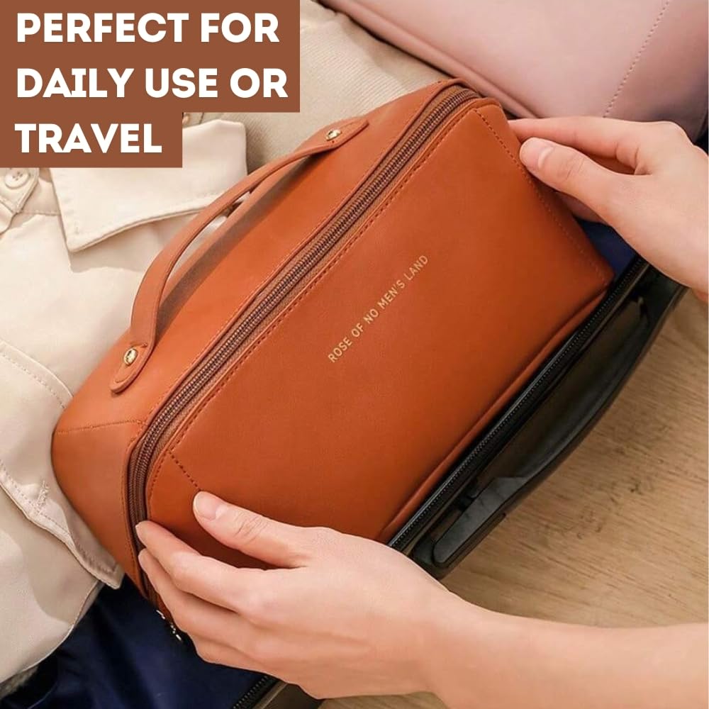 Large Brown Travel Cosmetic Bag with Handle, Divider, 10cm