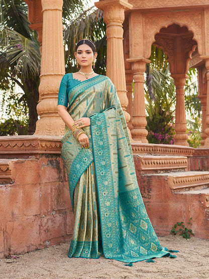 Monjolika Fashion Women's Turquoise Soft Banarasi Silk Blend Zari Woven Saree With Blouse
