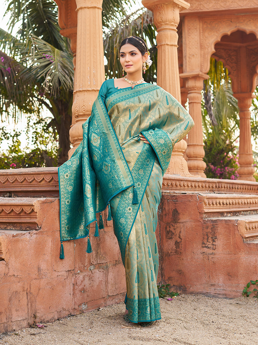 Monjolika Fashion Women's Turquoise Soft Banarasi Silk Blend Zari Woven Saree With Blouse