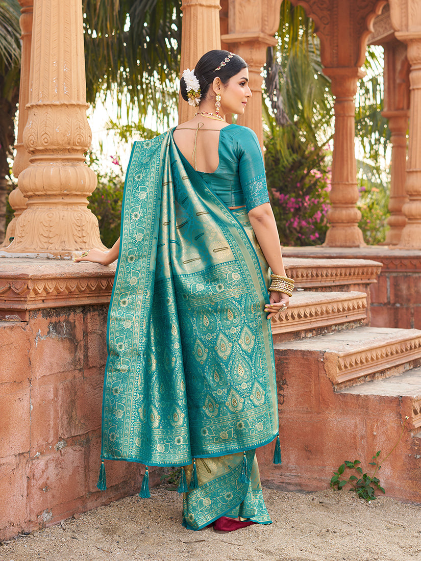 Monjolika Fashion Women's Turquoise Soft Banarasi Silk Blend Zari Woven Saree With Blouse