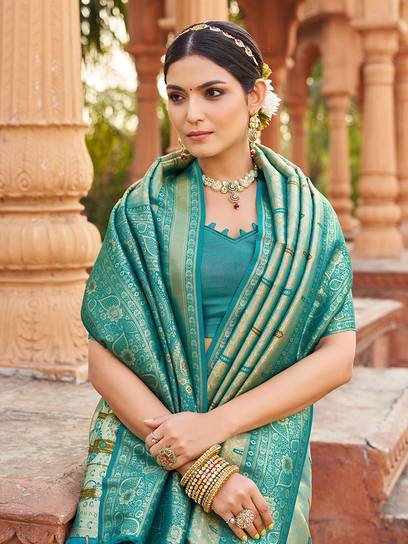 Monjolika Fashion Women's Turquoise Soft Banarasi Silk Blend Zari Woven Saree With Blouse