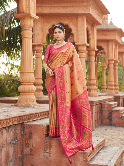 Monjolika Fashion Women's Peach Soft Banarasi Silk Blend Zari Woven Saree With Blouse