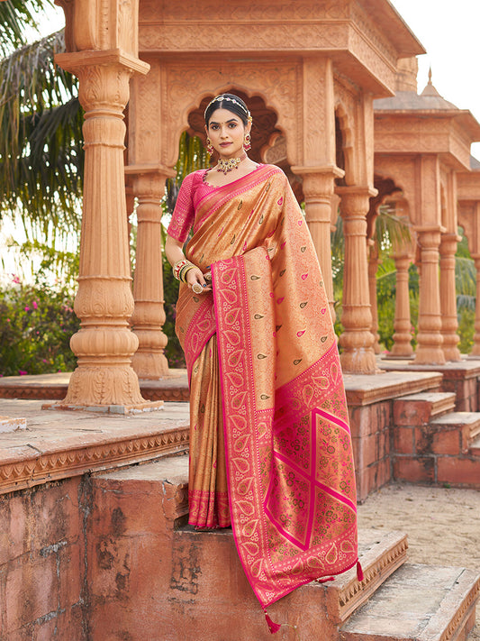 Monjolika Fashion Women's Peach Soft Banarasi Silk Blend Zari Woven Saree With Blouse