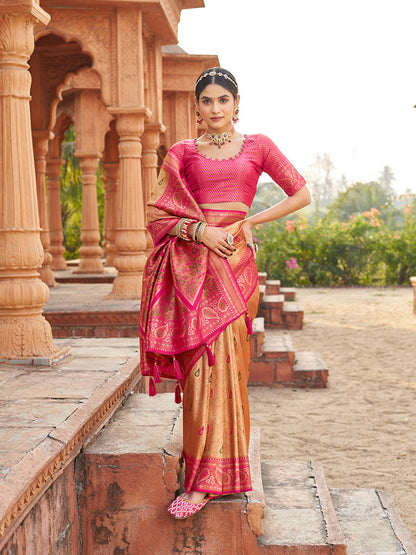 Monjolika Fashion Women's Peach Soft Banarasi Silk Blend Zari Woven Saree With Blouse