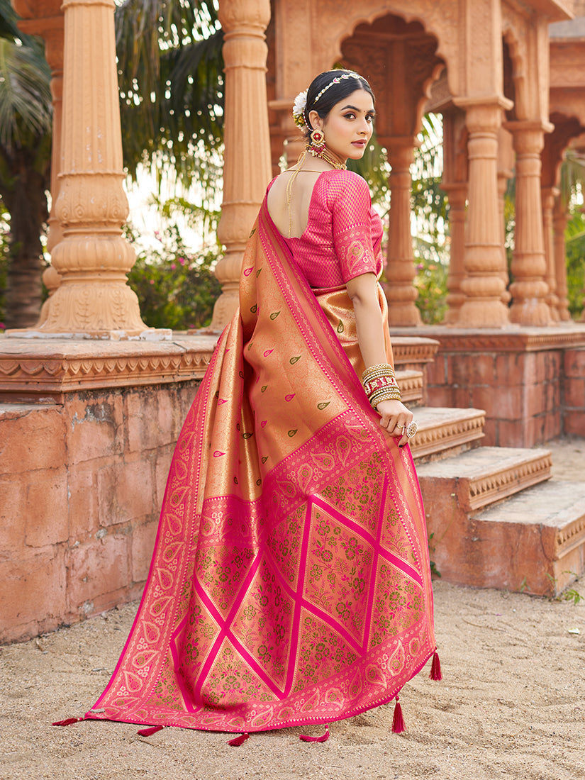 Monjolika Fashion Women's Peach Soft Banarasi Silk Blend Zari Woven Saree With Blouse