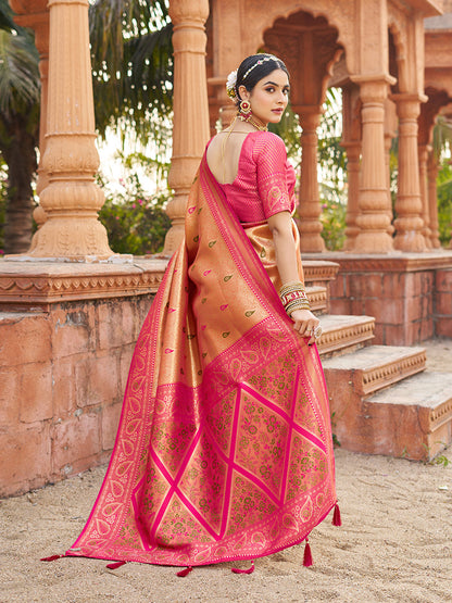 Monjolika Fashion Women's Peach Soft Banarasi Silk Blend Zari Woven Saree With Blouse
