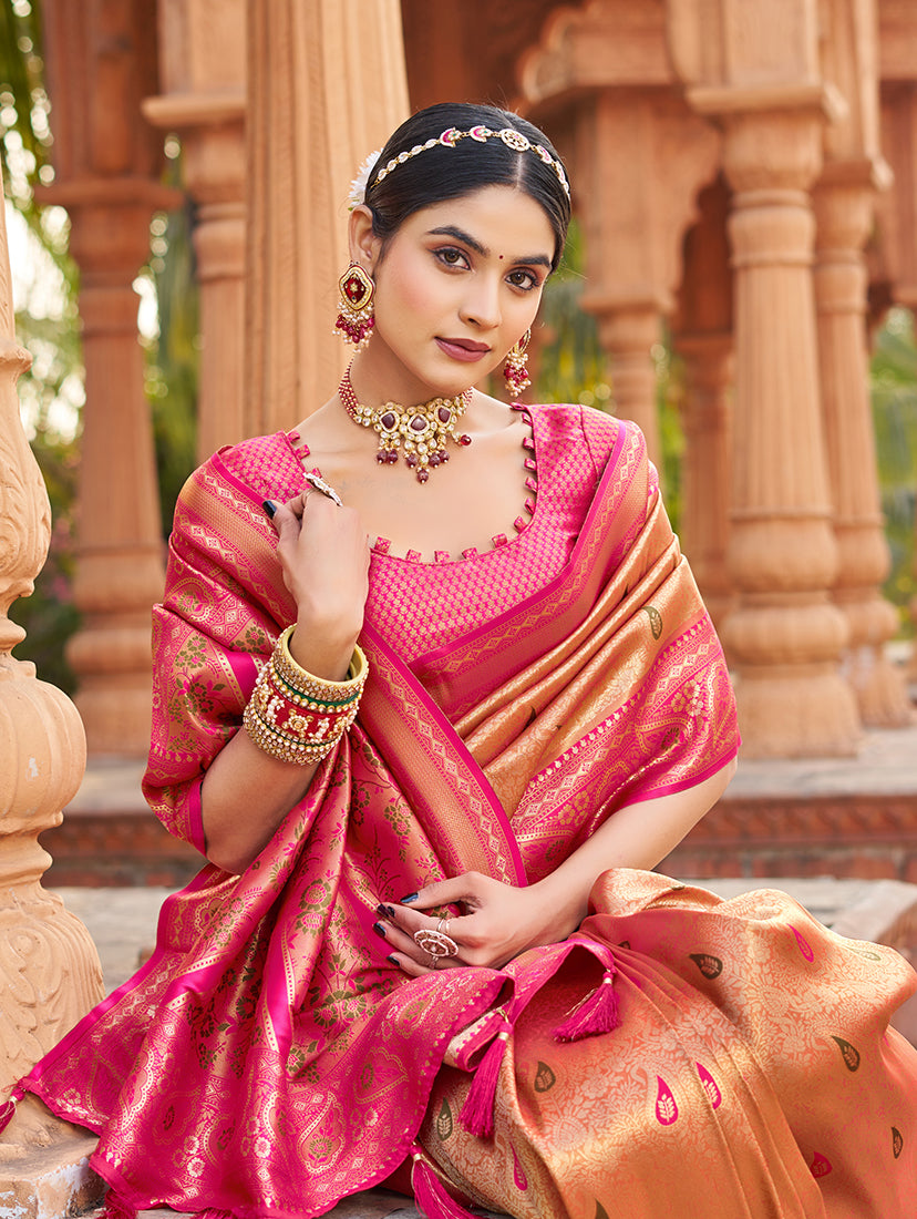 Monjolika Fashion Women's Peach Soft Banarasi Silk Blend Zari Woven Saree With Blouse