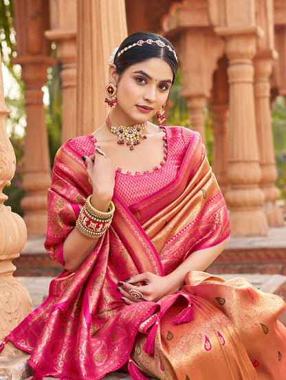 Monjolika Fashion Women's Peach Soft Banarasi Silk Blend Zari Woven Saree With Blouse