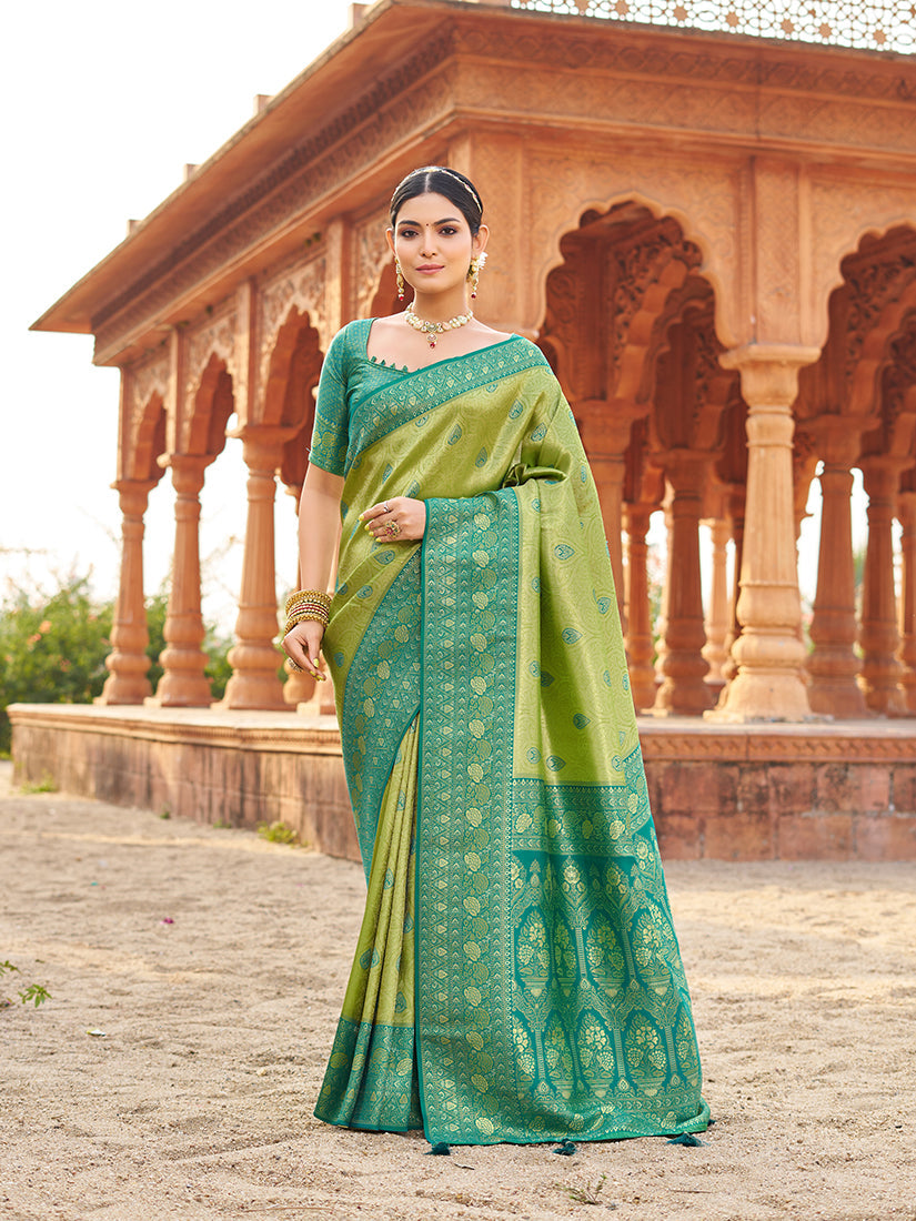 Monjolika Fashion Women's Green Soft Banarasi Silk Blend Zari Woven Saree With Blouse