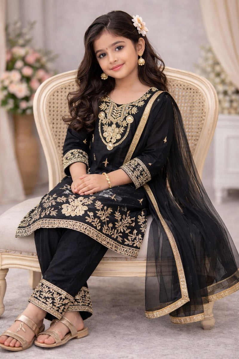 Evanik Black Silk Blend Embroidered Kids Top Salwar & Dupatta
