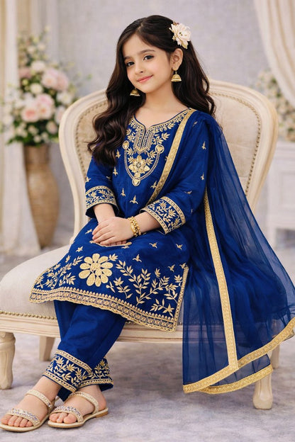 Evanik Blue Silk Blend Embroidered Kids Top Salwar & Dupatta