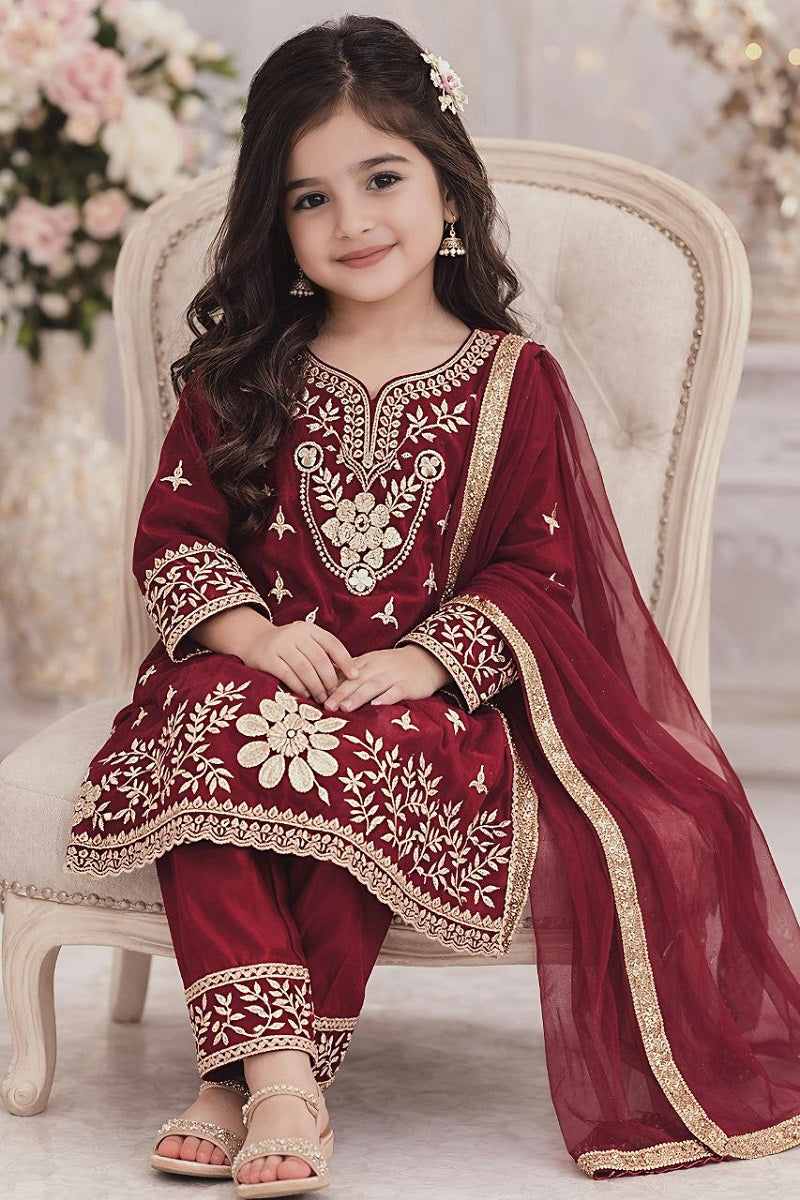 Evanik Maroon Silk Blend Embroidered Kids Top Salwar & Dupatta