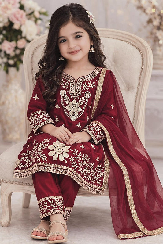 Evanik Maroon Silk Blend Embroidered Kids Top Salwar & Dupatta