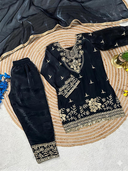 Evanik Black Silk Blend Embroidered Kids Top Salwar & Dupatta