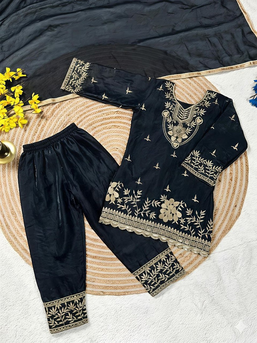 Evanik Black Silk Blend Embroidered Kids Top Salwar & Dupatta