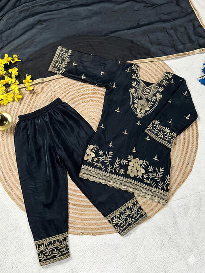 Evanik Black Silk Blend Embroidered Kids Top Salwar & Dupatta