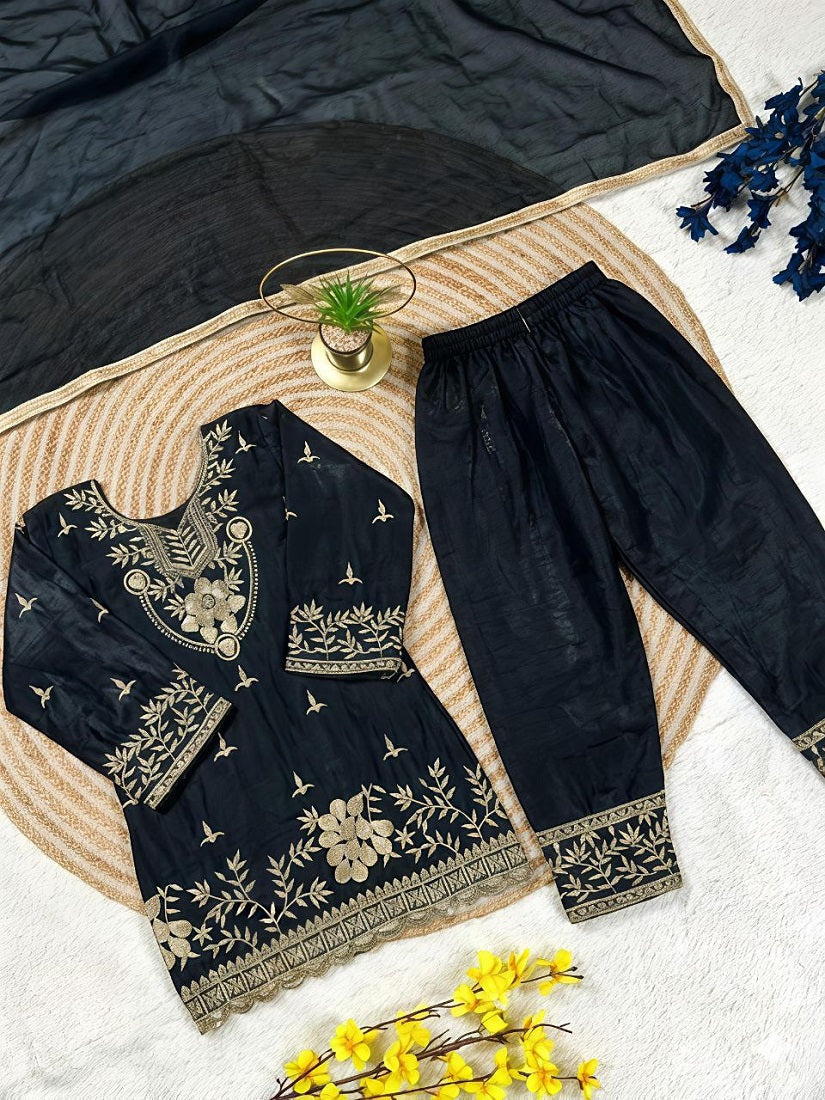 Evanik Black Silk Blend Embroidered Kids Top Salwar & Dupatta